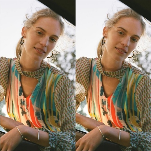 Anthropologie Conditions Apply Multicolor Peasant keyhole balloon sleeve blouse - Picture 14 of 16